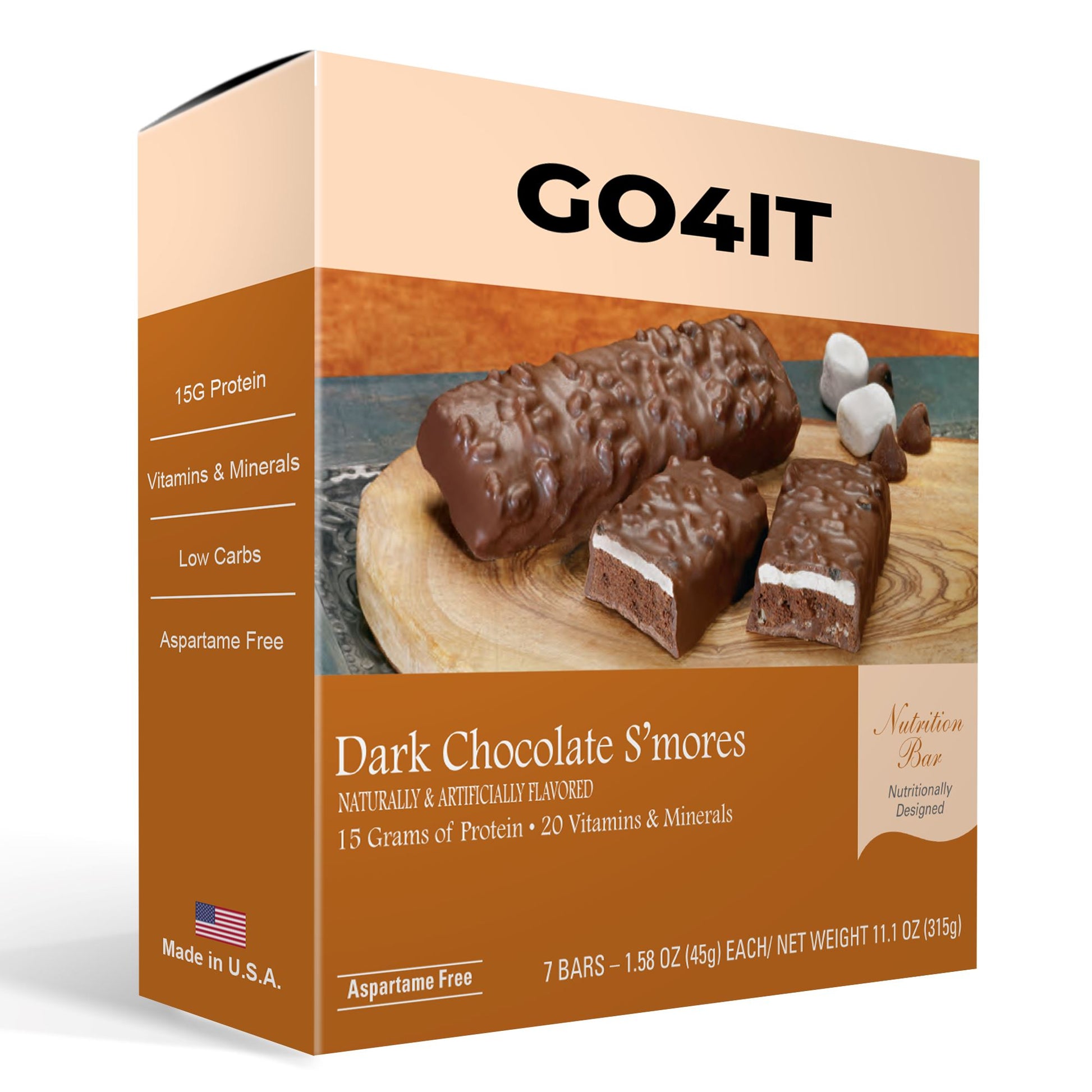Chocolate Smores Meal Replacement Bar by GO4IT Health. Healthy Kosher Protein bar with low calories and low carbs